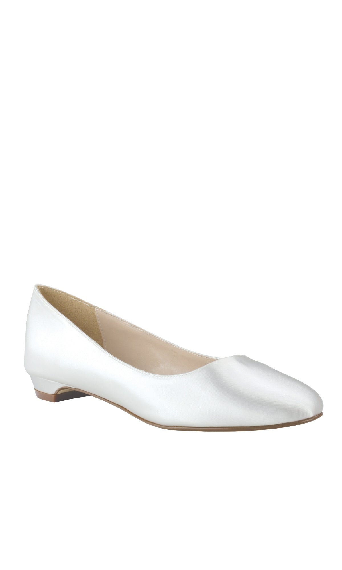 The Vivian Low-Heel White Satin Prom Shoes by Touch Ups (4568) are shown against a plain white background, making them an elegant choice for flat low heel prom shoes.